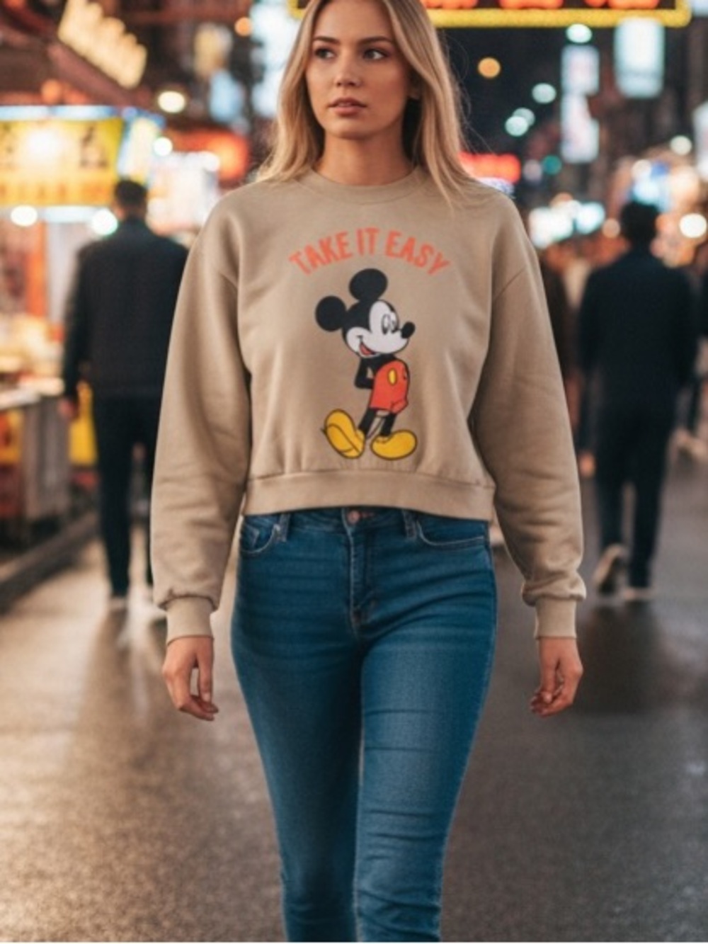 Disney Tan 'Take It Easy' Mickey Crewneck Sweatshirt